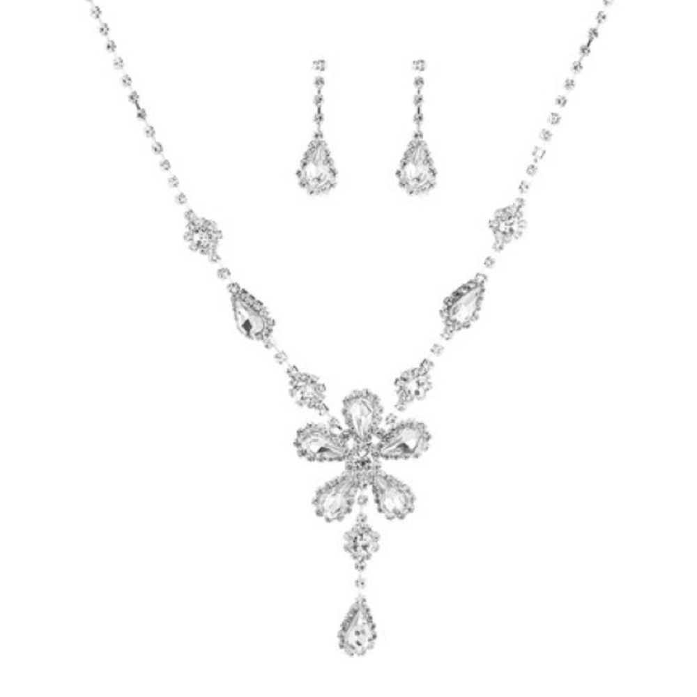 Gorgeous Rhinestone and Silver Floral Necklace and Earrings Set - Picture 3 of 5